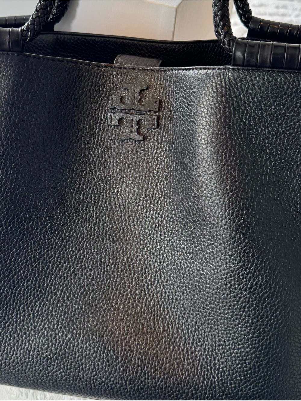Tory Burch Black Pebbled Leather Tote with Braided Handles